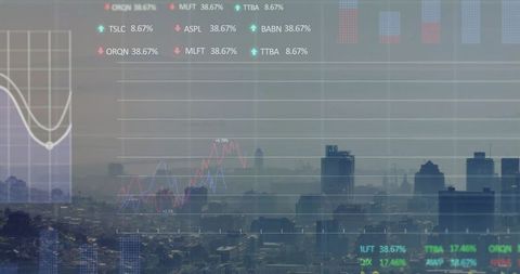 City Skyline Showing Financial Data Overlay with Line Charts and Market Tickers