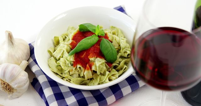 Close-up of Basil Pesto Pasta with Tomato Sauce and Red Wine - Download Free Stock Images Pikwizard.com