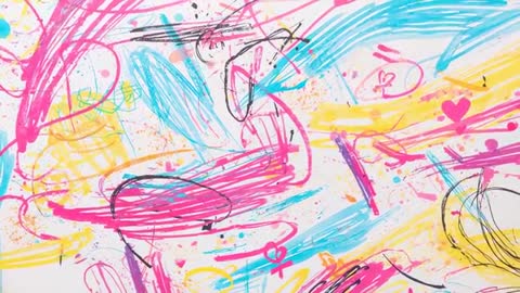 Vibrant Abstract Art with Colorful Marker Strokes and Heart Motifs