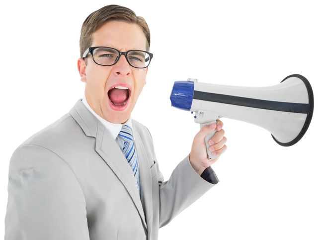 Transparent Geeky Businessman Shouting with Megaphone - Download Free Stock Videos Pikwizard.com