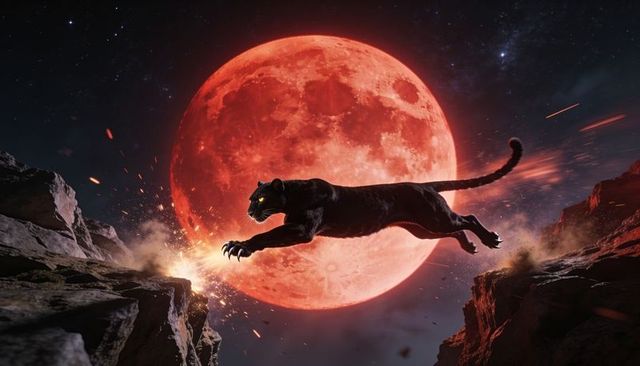 Leaping black panther crossing canyon under blood-red moon with sparks and dramatic sky