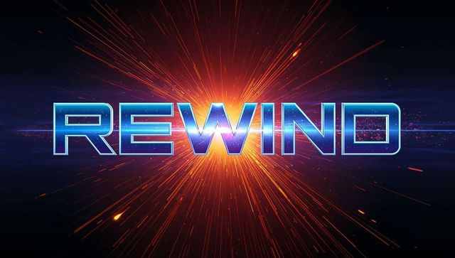 Rewind neon title with explosive orange burst and retro-futuristic cyan cyber text
