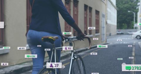 Woman Walking Bicycle Surrounded by Social Media Icons - Download Free Stock Images Pikwizard.com
