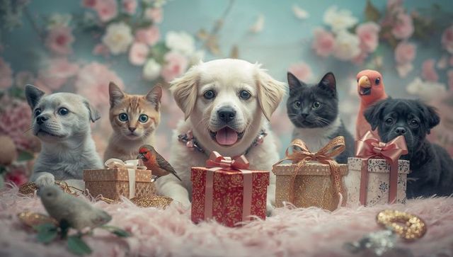 Retrievers, birds and gifts: festive studio with pink blossoms