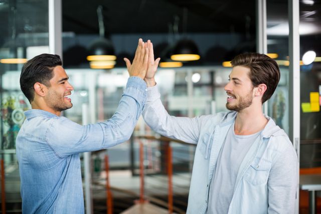 Two smiling colleagues giving high five in office