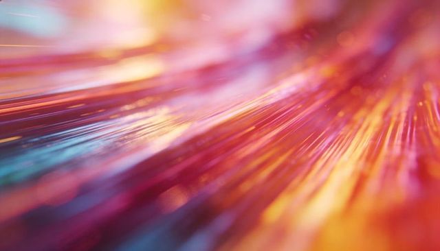 Flowing iridescent filaments creating vibrant neon light trails with shimmering bokeh