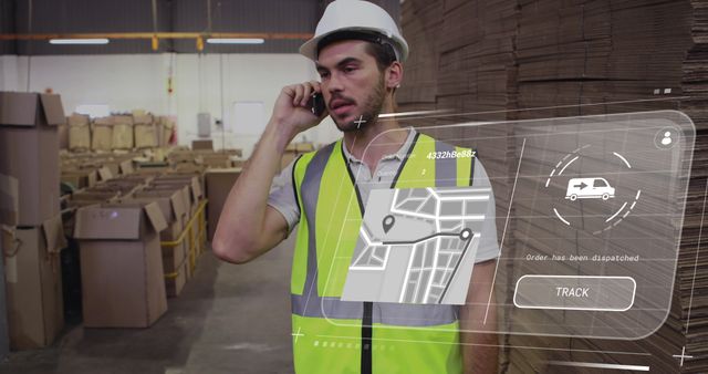 Logistics manager in reflective vest and hard hat supervising warehouse operations. Holding a phone, using augmented reality technology to track shipments on a digital map overlay. Surrounded by boxes and industrial equipment. Ideal for illustrating modern logistics, real-time tracking, effective supply chain management, and warehouse operations advances.