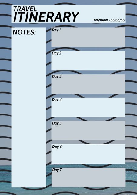 Easily organize and plan your trip with this travel itinerary template. It features a clear, day-by-day layout and a designated notes section for additional details or reminders. Perfect for vacations, business trips, road trips, or any travel plans. Fill in your travel destinations, activities, and accommodations for a well-structured and efficient travel schedule. Ideal for personal use or to share with co-travellers.