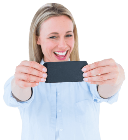 Smiling Woman Holding Smartphone for Selfie on Transparent Background