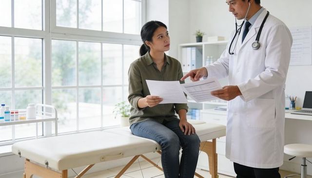 Male physician explaining medical forms to patient on exam table in bright clinic room