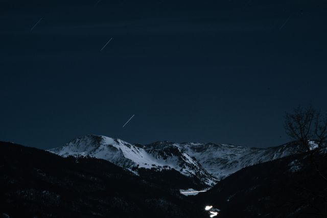 Star trails over snowy mountain peaks at night - Download Free Stock Photos Pikwizard.com