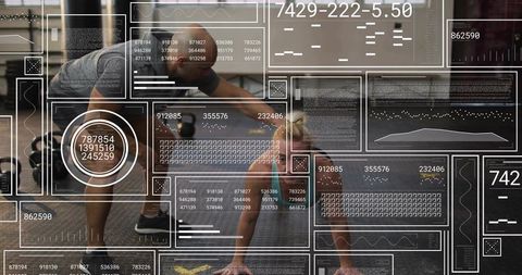 Fitness partners performing push-up plank workout wearing athletic gear with hud overlay
