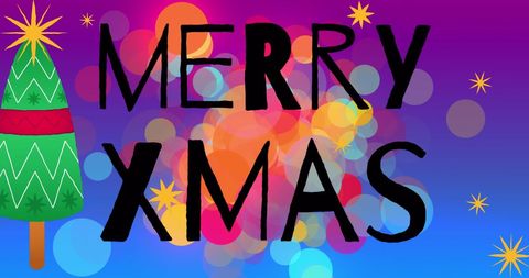 Colorful Merry Xmas Card with Festive Tree and Abstract Lights