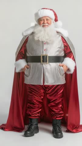 Santa adjusting red cape while soft snow drifting in studio full-body vertical video