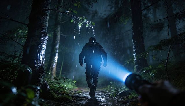 Mysterious hiker walking through rainy night forest with blue flashlight beam misty silhouette