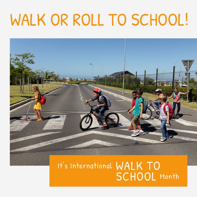 Multracial children walking, riding bicycle and push scooter on road and walk or roll to school text. Composite, international walk to school month, childhood, education, fitness, active lifestyle.