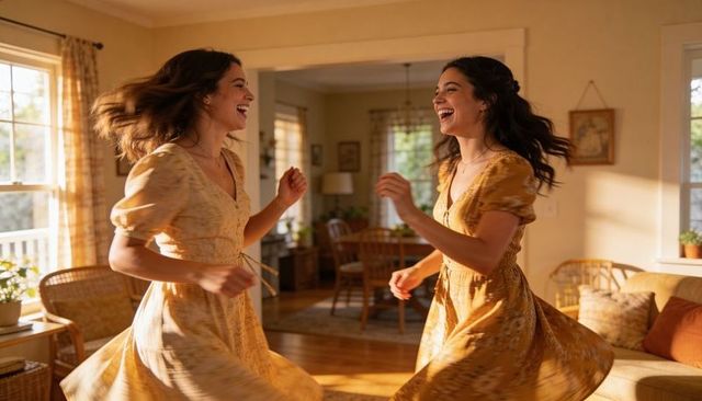 Friends twirling in sunlit living room wearing matching mustard floral dresses