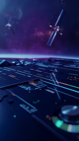 Vertical Futuristic Space Console Panning Reveal with Orbiting Satellite and Neon HUD