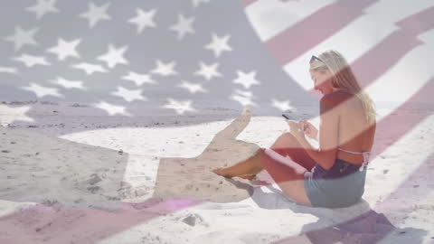 Woman on Beach with Overlapping American Flag