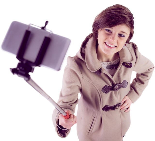 High Angle of Enthusiastic Woman Taking Selfie with Adjustable Stick - Download Free Stock Videos Pikwizard.com