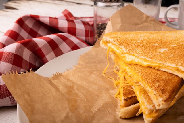 This image showcases a close-up of a grilled cheese sandwich placed on brown paper, with a red and white checkered cloth in the background. The melted cheese oozing out of the sandwich makes it look appetizing and perfect for food blogs, recipe websites, or advertisements for cafes and diners. The rustic setting adds a homemade, comforting feel, ideal for promoting comfort food or casual dining experiences.