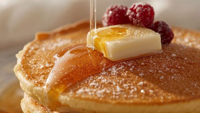 Drizzling maple syrup over fluffy pancake stack with melting butter and fresh raspberries