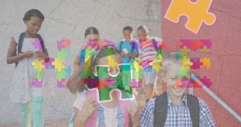 Autism Awareness Concept: Children with Puzzle Design and Hope Message