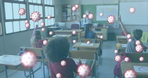 Masked Teacher and Students in Classroom with Floating Covid-19 Virus Visuals