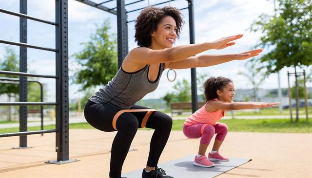 Mother and daughter doing resistance band squats in park workout, smiling and bonding