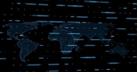 Digital World Map with Glowing Data Streams on Black Background