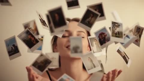Joyful woman creating whirlwind of Polaroid memories in motion
