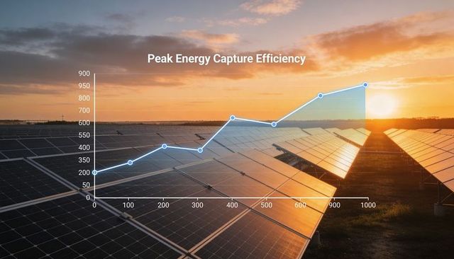 Sunset Solar Farm with Rising Efficiency Graph Overlay Showing Renewable Energy Growth