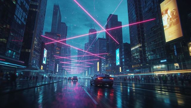 Futuristic Cityscape with Neon Lasers and Nighttime Reflections