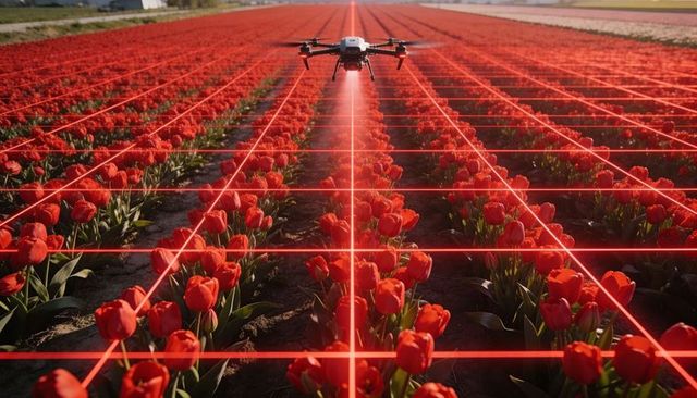 Compact drone surveying tulip fields projecting red laser grid for precision farming