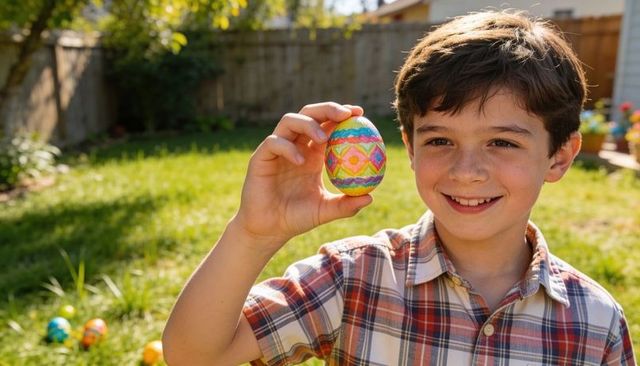 Smiling boy holding decorated easter egg in sunlit backyard for spring celebration