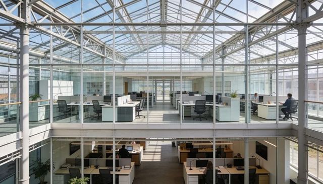 Sunlit Glass-Atrium Office with Open-Plan Workstations, Mezzanine, Skylight, Collaboration