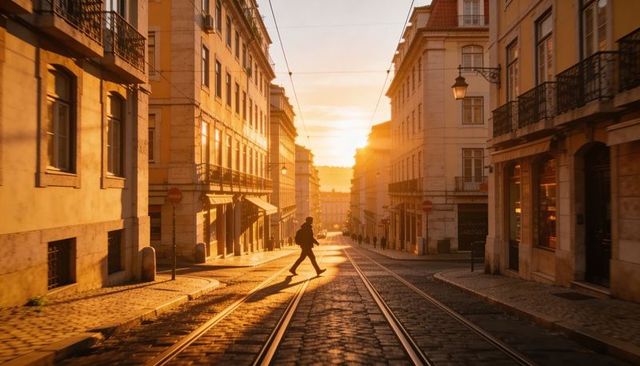 Golden-hour historic european street with silhouetted pedestrian crossing tram tracks