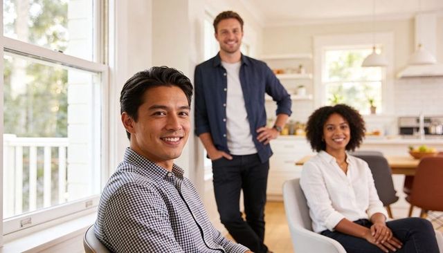 Smiling asian man sitting by window with colleagues in bright modern kitchen interior