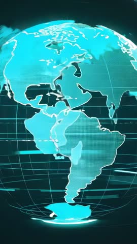 Turquoise Holographic Globe Rising and Rotating with Glitch Artifacts Vertical Video