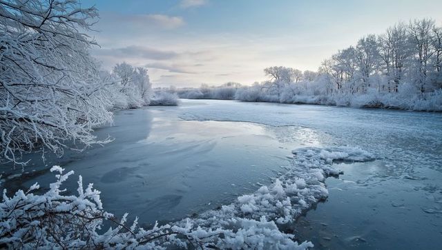 Frozen river winding through snow-covered forest at dawn