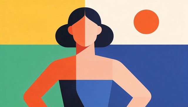 Geometric woman standing in colorblock strapless bodice with orange sun minimalist art