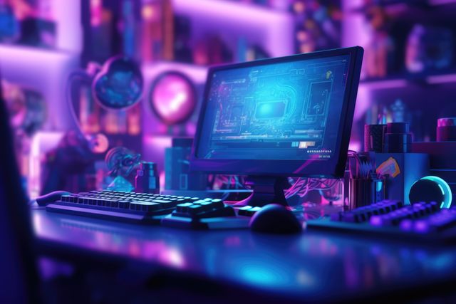 High-end gaming setup with glowing neon lights, creating a sci-fi atmosphere. Perfect for representing technology, gaming culture, cyber world, or a home office. Suitable visuals for tech blogs, gaming websites, advertisements for computer accessories, or promotional material for cutting-edge electronics.