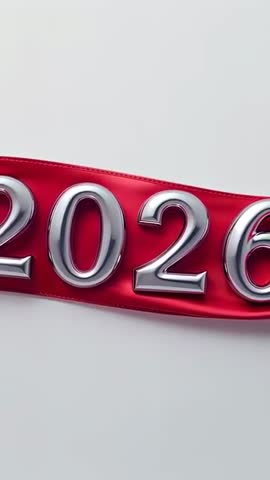 2026 Chrome Numerals on Red Satin Ribbon Catching Light | Vertical New Year Banner Video