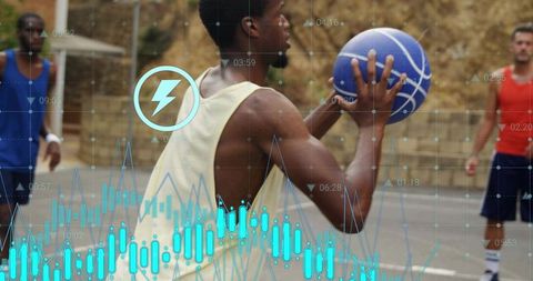 Urban streetball player holding blue basketball aiming shot with sports analytics overlay
