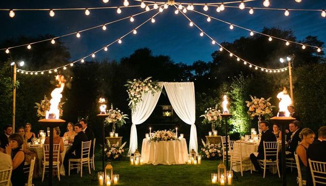 Twilight garden wedding reception with draped arch, string lights and candlelit romance