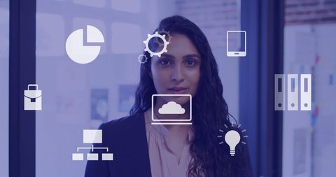 Businesswoman with Digital Interface Overlays in Modern Office - Download Free Stock Images Pikwizard.com