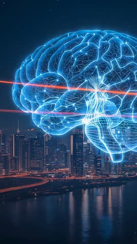 Neon Brain Scanning with Red Laser Over Futuristic Waterfront City | Vertical Tech Video