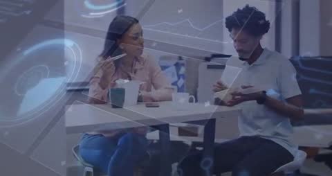 Colleagues Eating Takeout with Digital Data Overlay