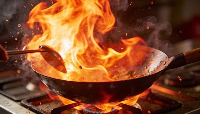 Wok stirring in high flame, sizzling oil tossing vegetables and spices on gas burner