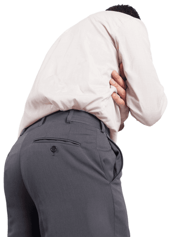Businessman holding back in pain showing discomfort pose transparent